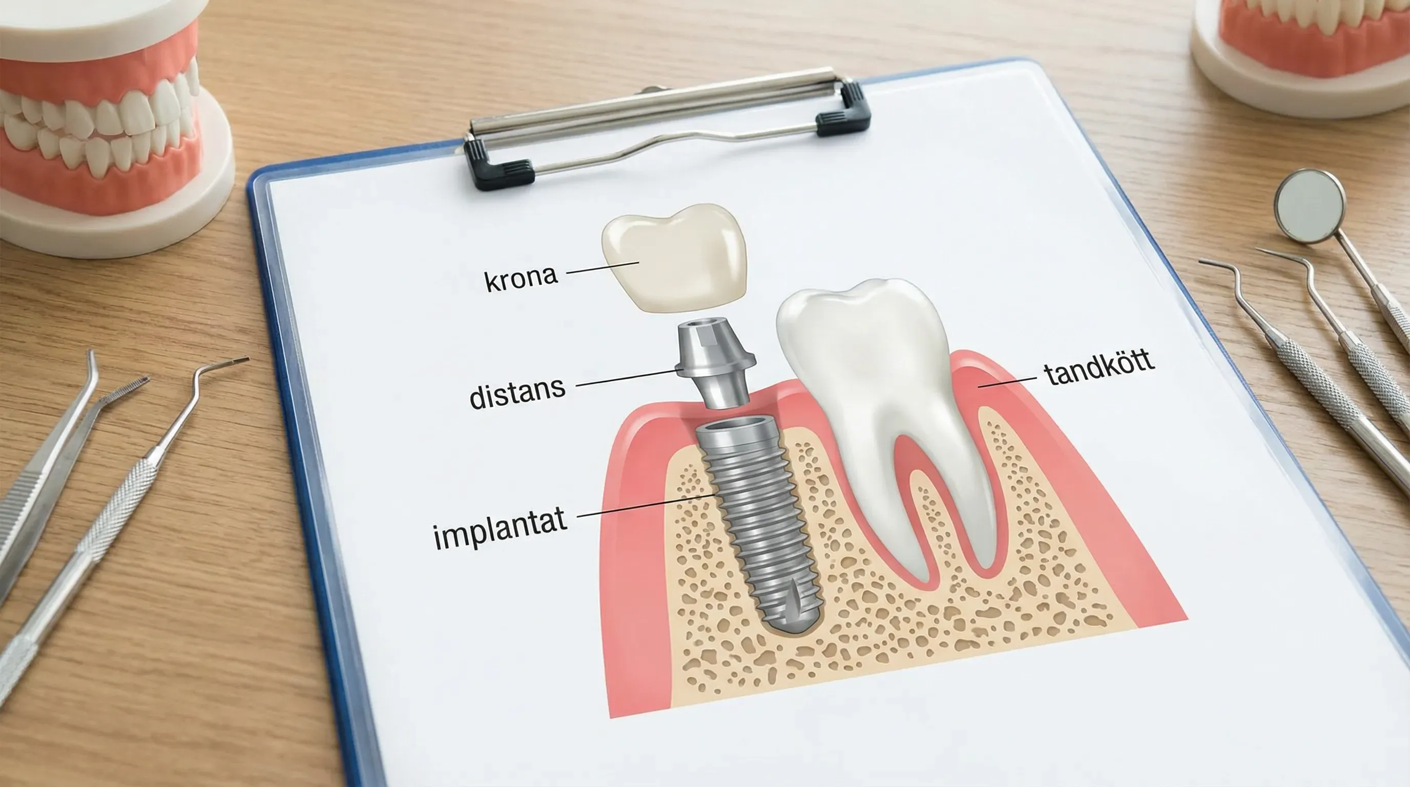 Illustration av tandimplantatets delar med enkel märkning: implantat i käkbenet, distans ovanför och krona överst, samt intilliggande tand och tandkött.