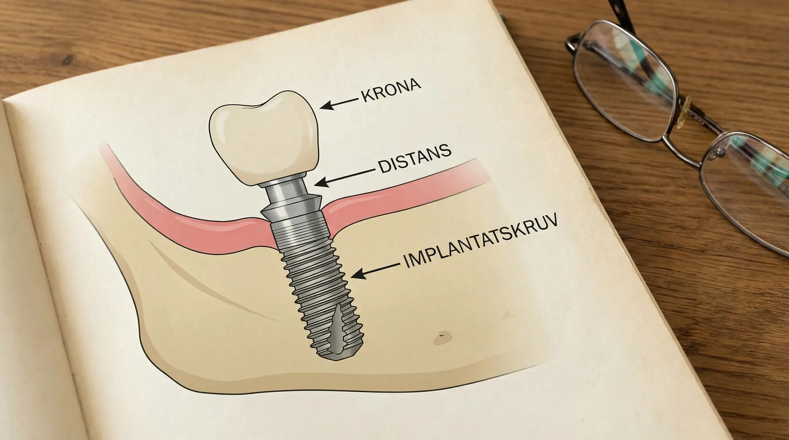 En pedagogisk illustration som visar ett tandimplantat i genomskärning: implantatskruv i käkbenet, distans (abutment) och krona ovanför tandköttet, med enkla etiketter för delarna.
