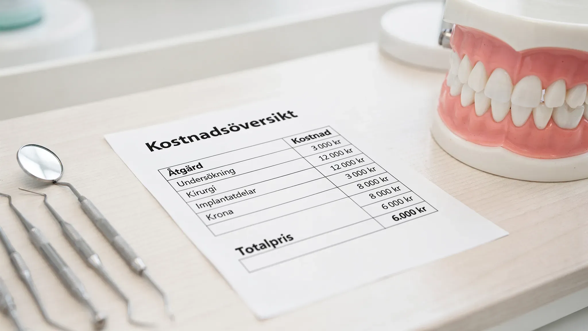 En enkel kostnadsöversikt i tabellform på ett papper bredvid tandmodeller och tandläkarinstrument, som visar hur totalpris delas upp i undersökning, kirurgi, implantatdelar och krona.
